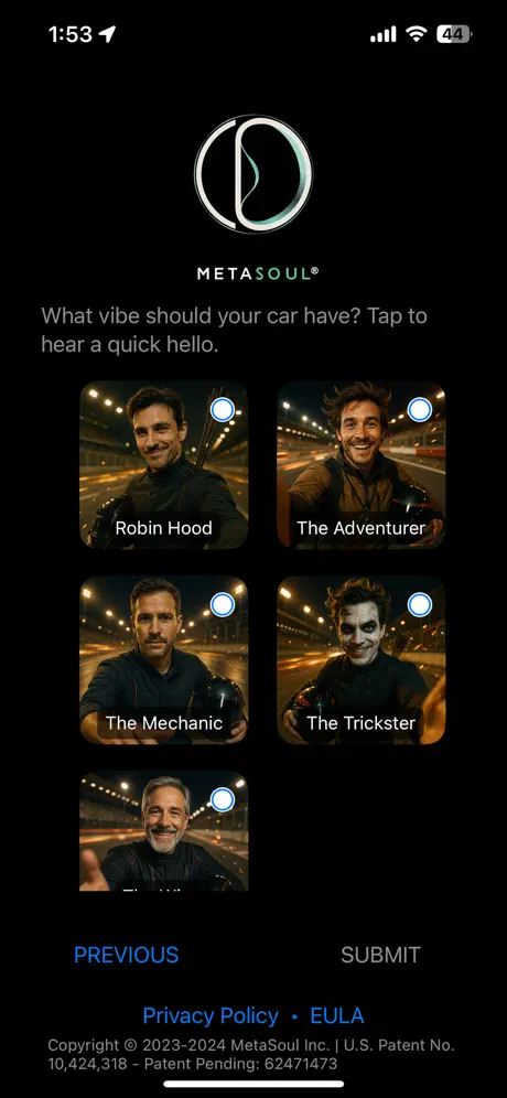 Persona selection screen in MetaSoul app