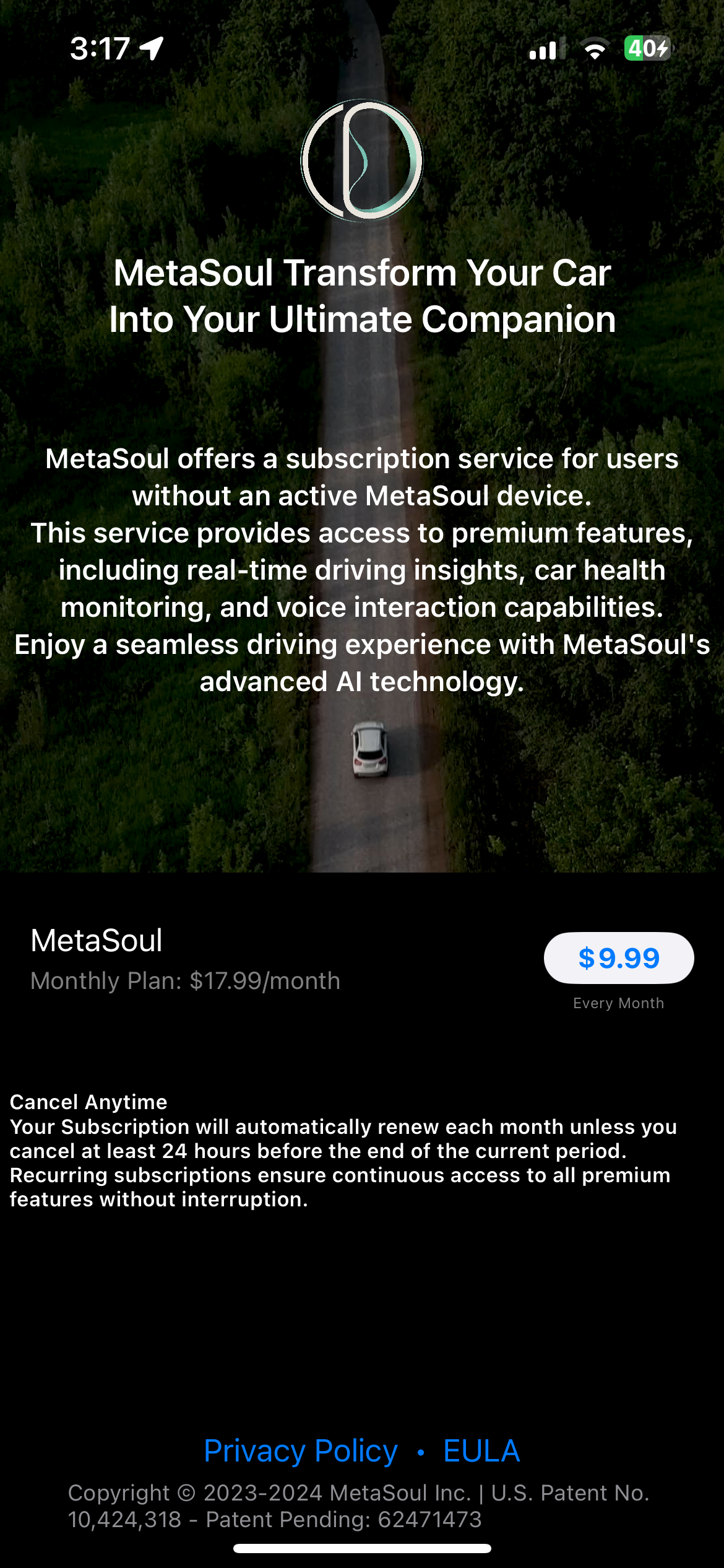 MetaSoul subscription screen on iPhone